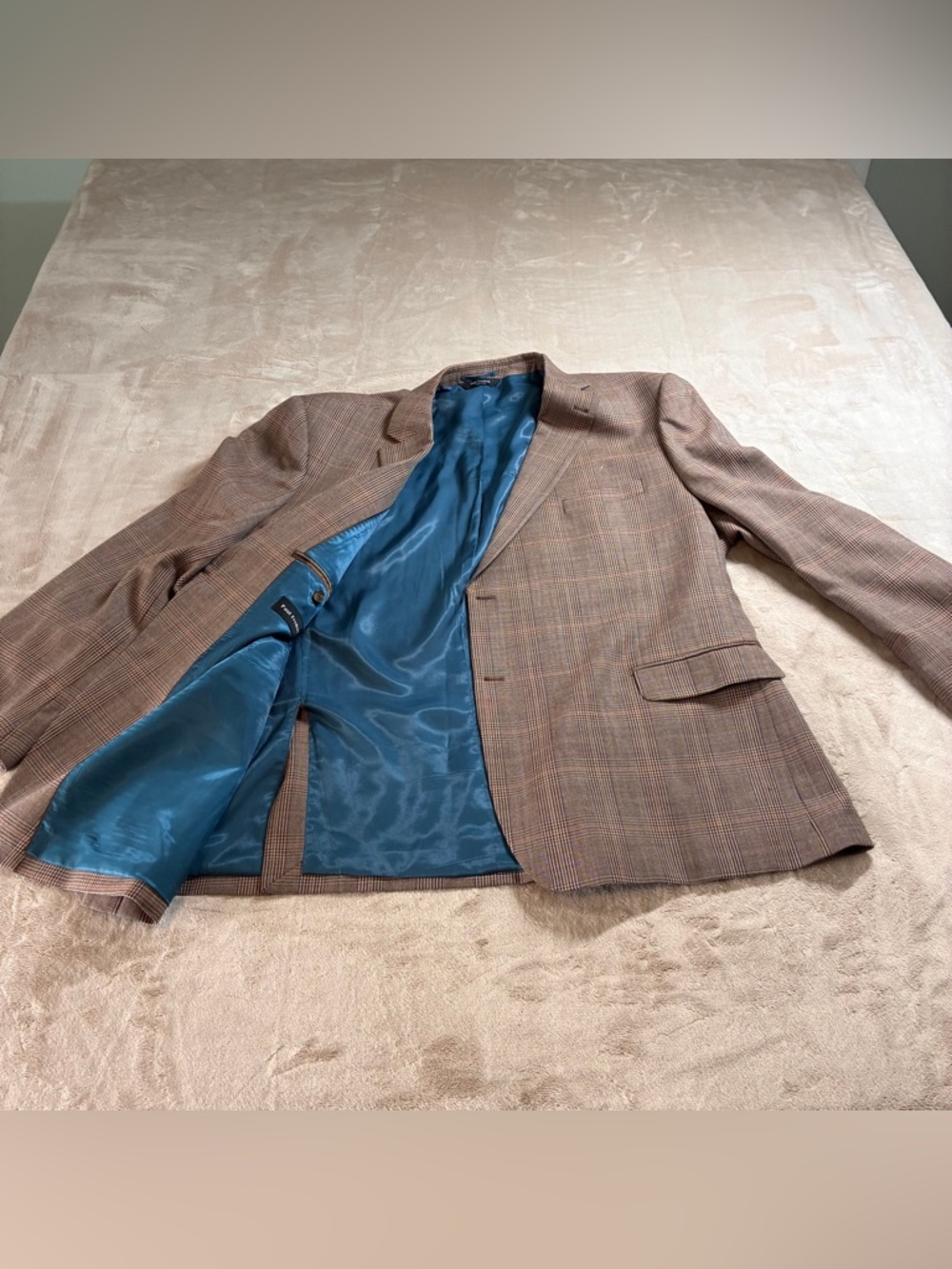 VTG Paul Fredrick 54L Sport Coat Brown Blue 100% Wool Mens Blazer Notch Lapel